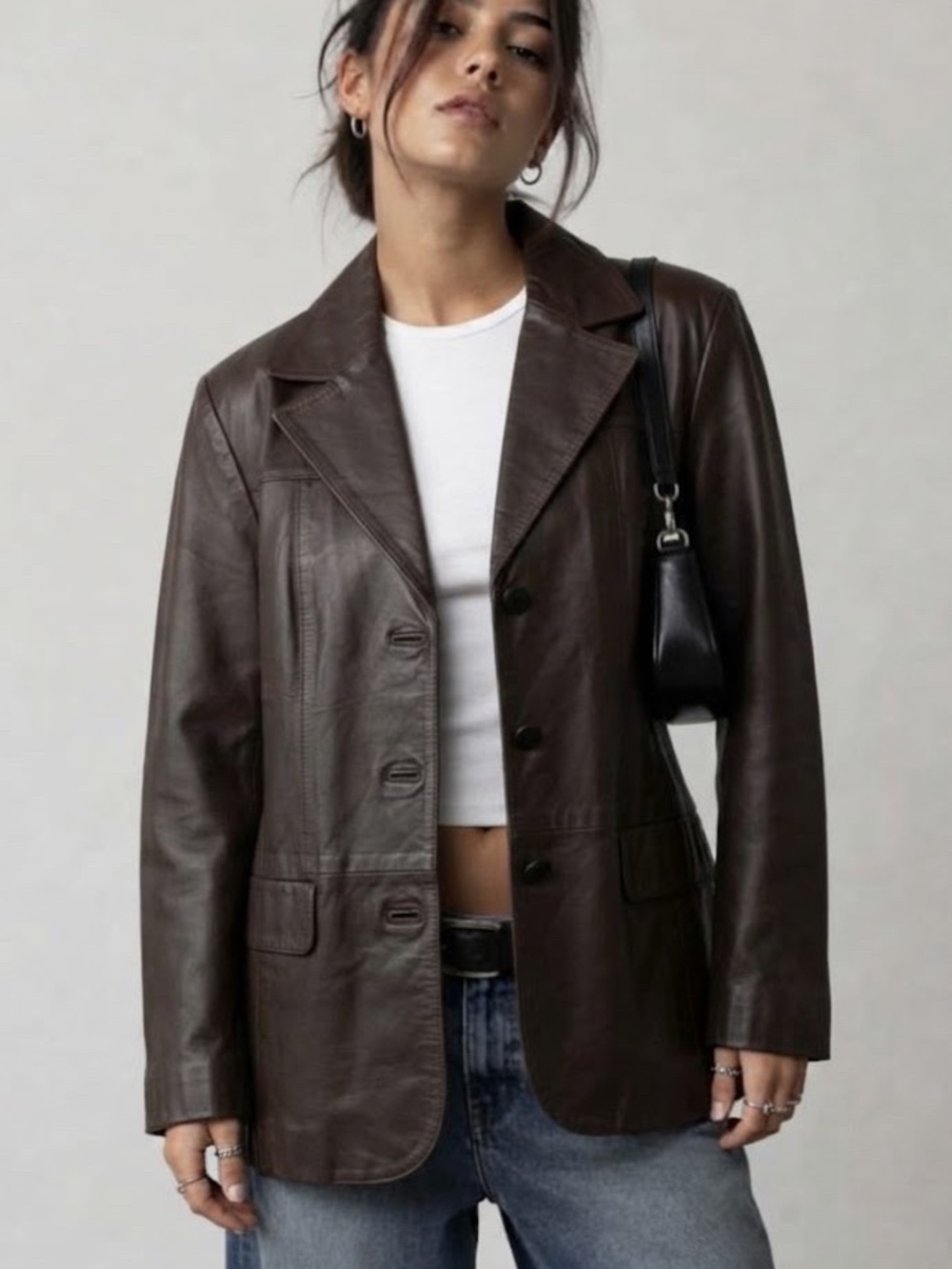 Danier Y2K Leather Blazer Jacket Chocolate Brown Size Large Oversized